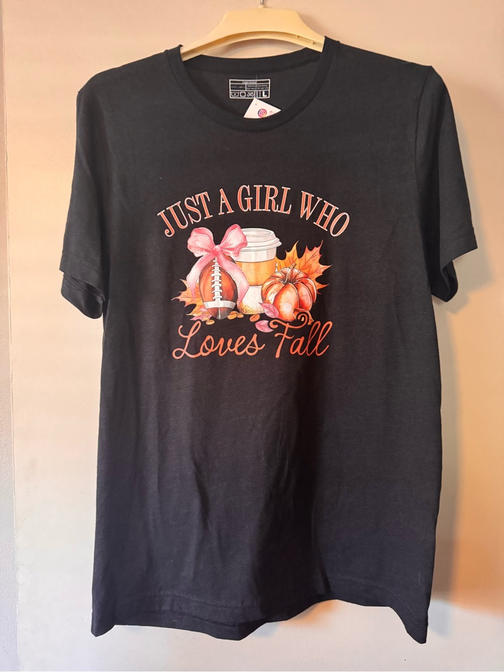Gildan Black Tee with Pink & Orange Fall Graphic